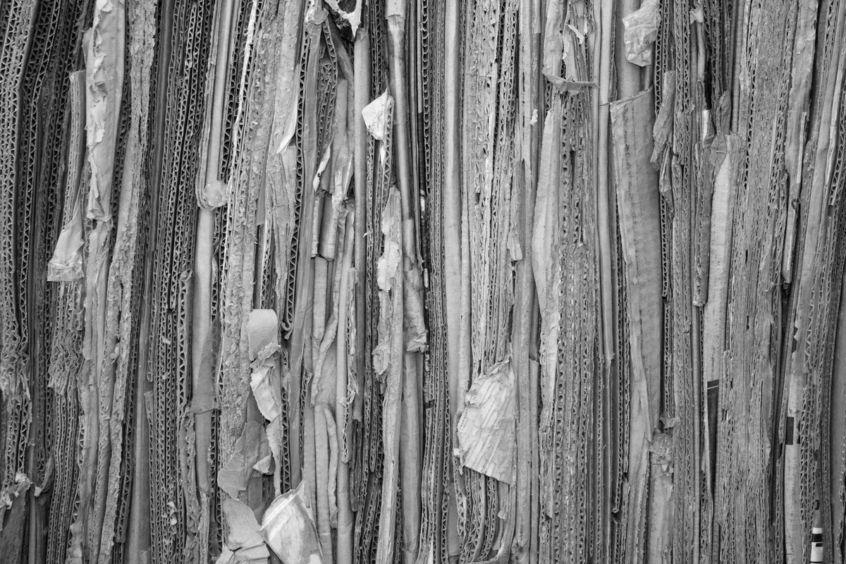 Strips of corrugated cardboard stacked and frayed, photographed close up in black and white