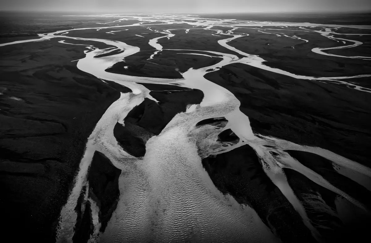 Aerial view of a braided river delta, dozens of channels converging into a single main course, black-and-white photograph