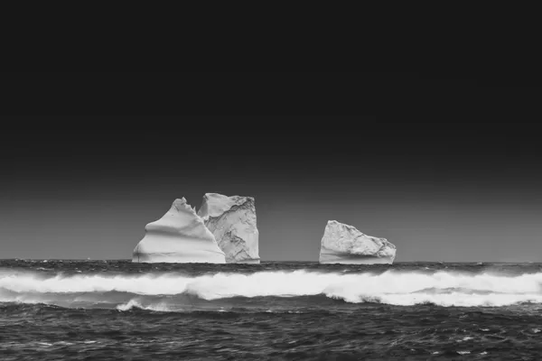 Due iceberg al largo, ripresi in bianco e nero oltre la linea delle onde, sotto un cielo scuro