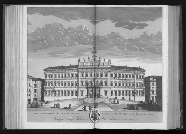 Period engraving of Palazzo Montecitorio in an antique volume