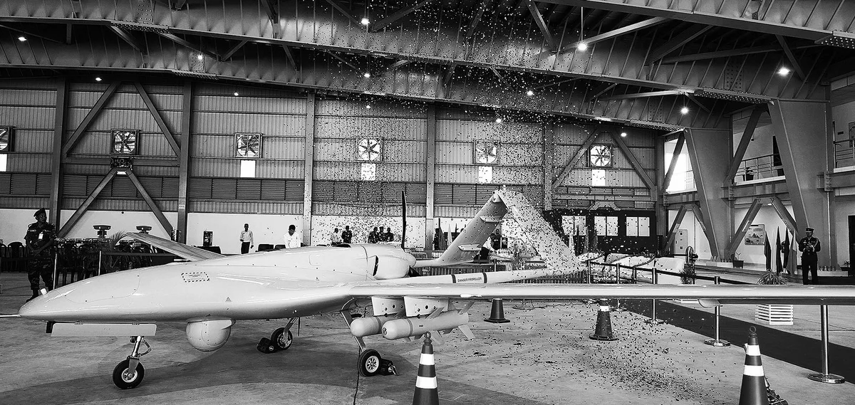 Remotely operated military drone in a hangar