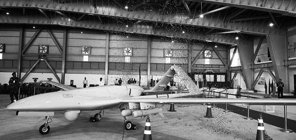 Remotely operated military drone in a hangar