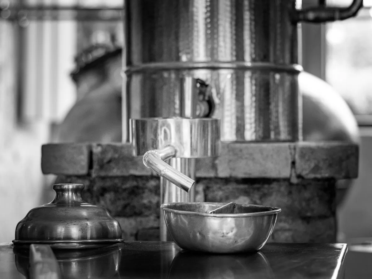 Alambicco di rame in una distilleria, con il beccuccio del condensatore rivolto verso una ciotola vuota, in bianco e nero