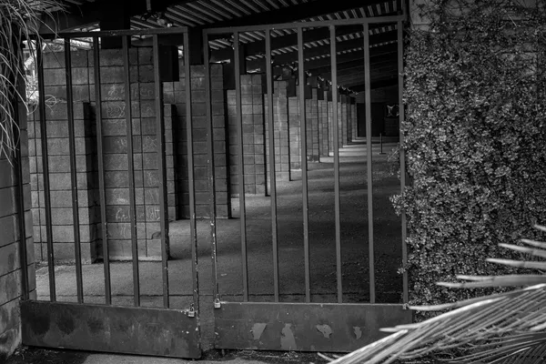 A closed metal gate in front of a corridor of concrete-block pillars