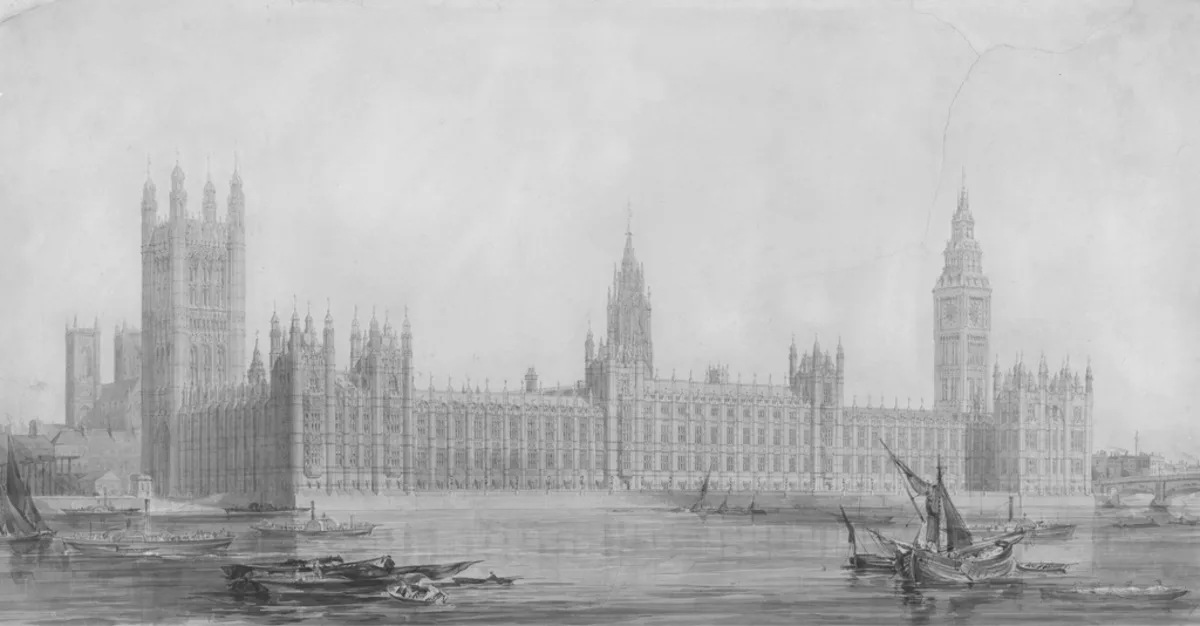 Period engraving of the Palace of Westminster seen from the Thames