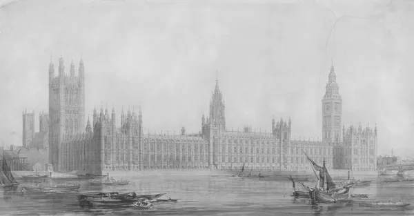 Period engraving of the Palace of Westminster seen from the Thames