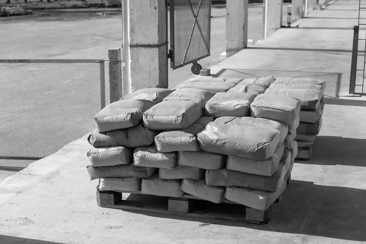 Sacks stacked on a wooden pallet outside a warehouse loading bay, black-and-white photograph