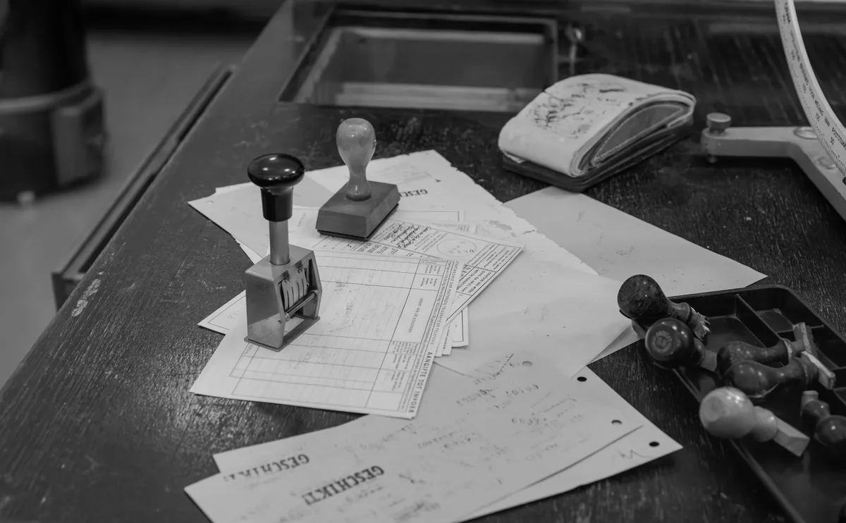 A dark wooden office counter with rubber stamps, a metal numbering stamp and scattered pre-printed forms, in black and white