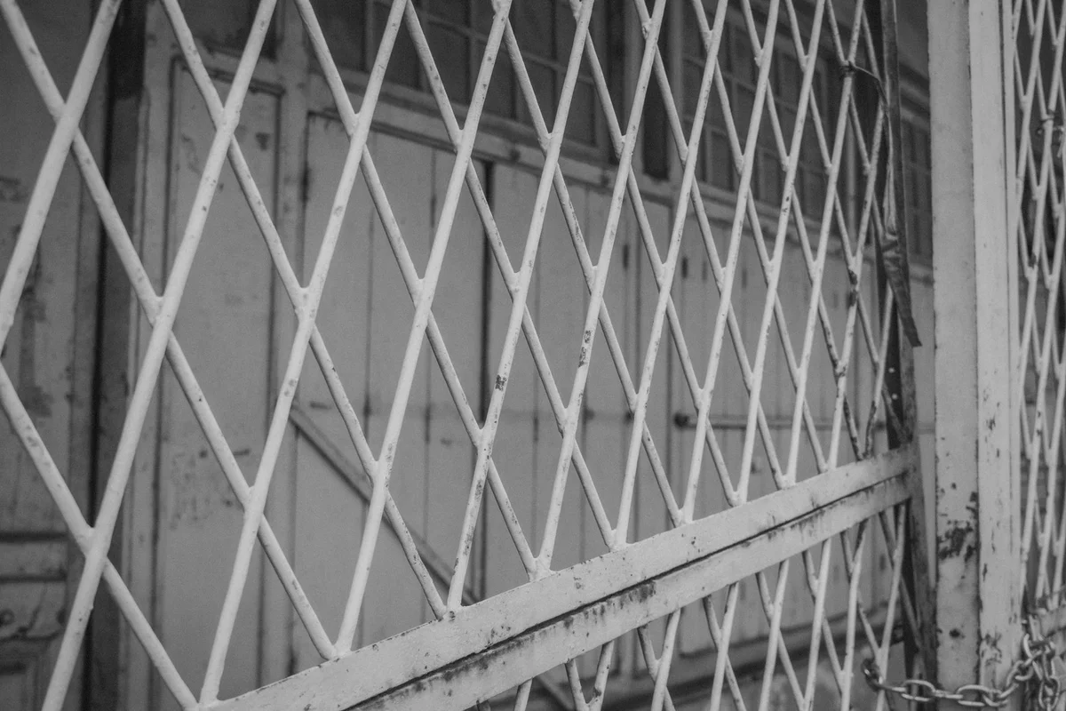 Diamond-pattern metal grille in front of closed doors, black-and-white photograph, no people or legible writing