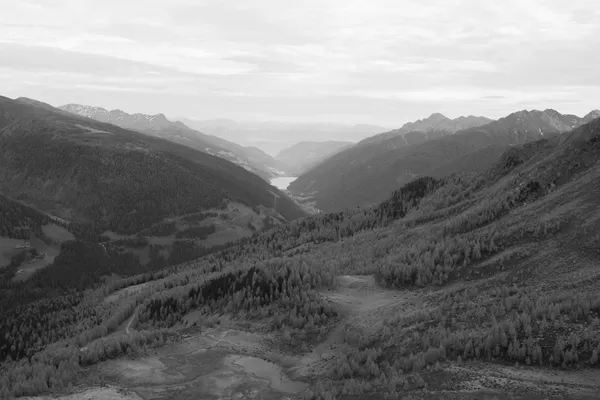 Veduta aerea in bianco e nero di una valle alpina, versanti boscosi e una strada sterrata che scende verso un lago in fondovalle