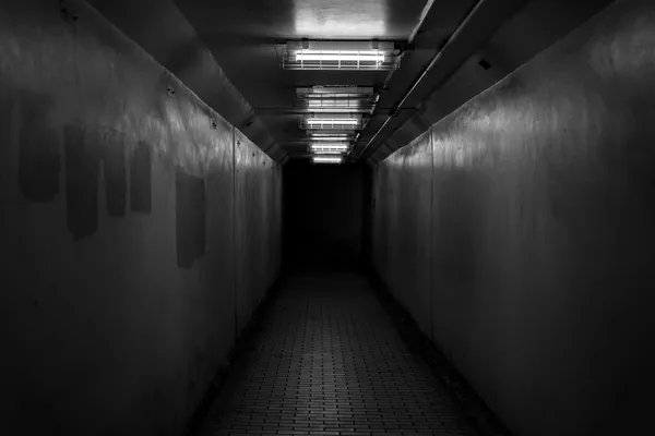 Corridoio stretto e buio, illuminato da una fila di tubi al neon sul soffitto, pavimento in mattonelle, in bianco e nero